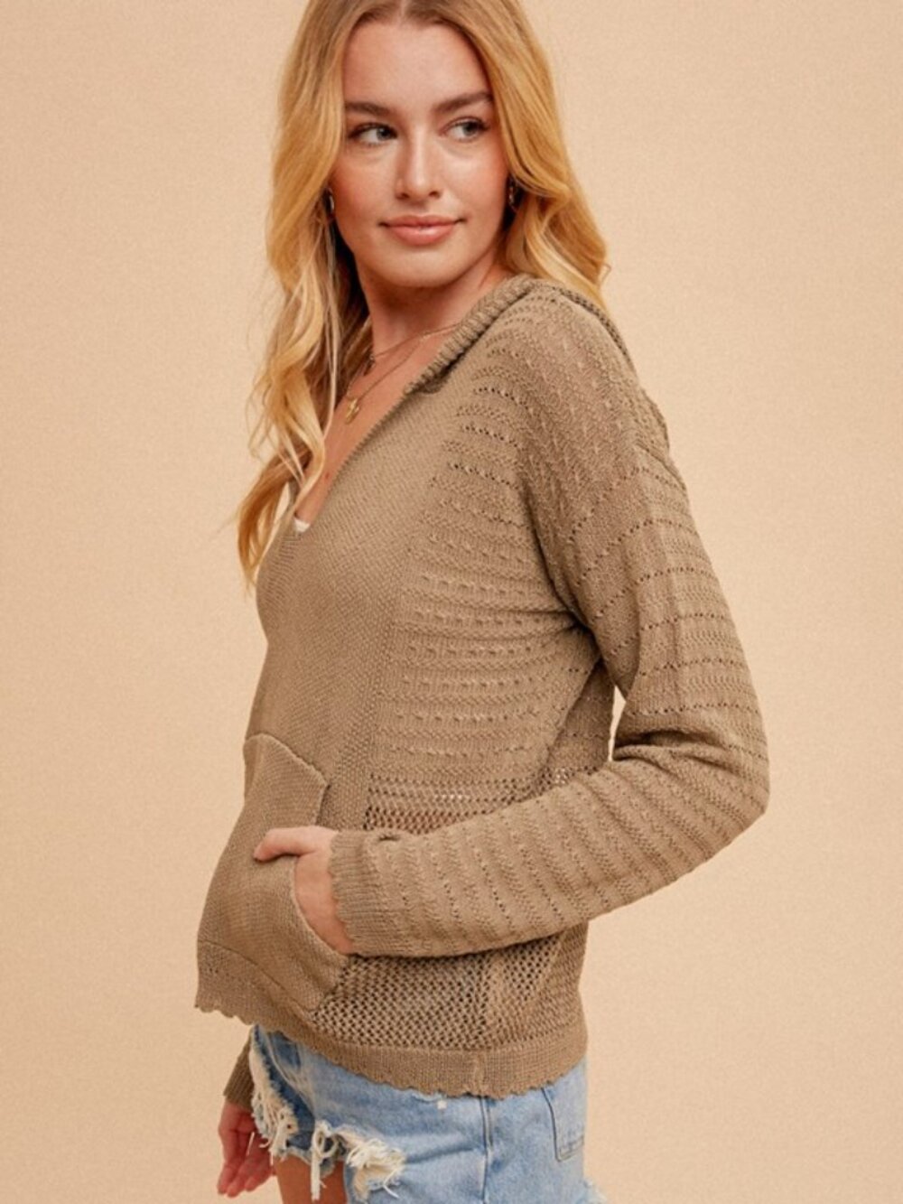 NWT Boutique: Hem & Thread Crochet Knit Pointelle Hoodie Sweater  in Olive - Picture 2 of 3
